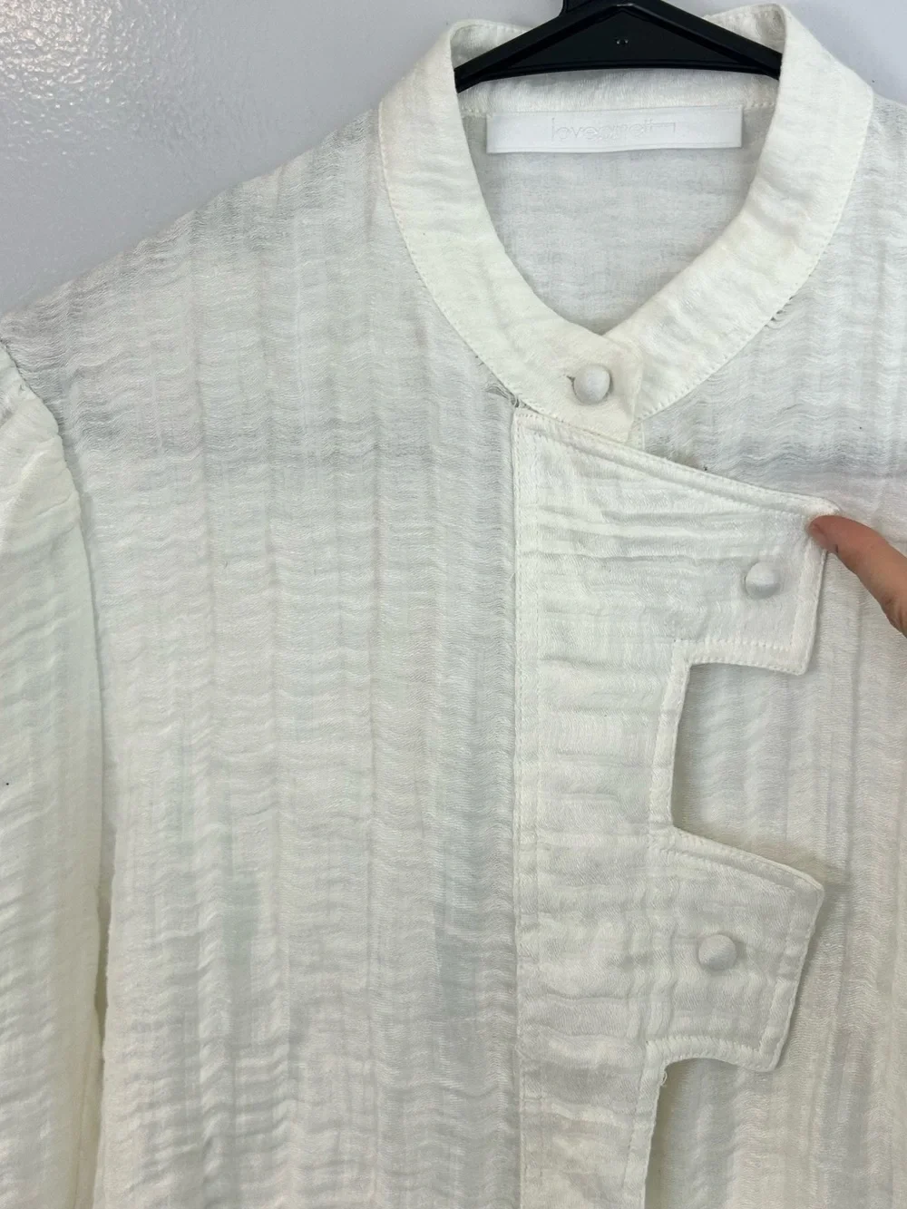 Love Binetti White Button Front Peasant Peplum Boho Blouse Medium FLAW